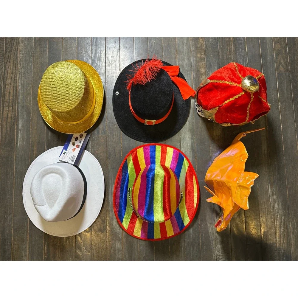 6pc Costume Hat Lot Gold Glitter Top Hat White Fedora Rainbow Cowboy Kings Crown